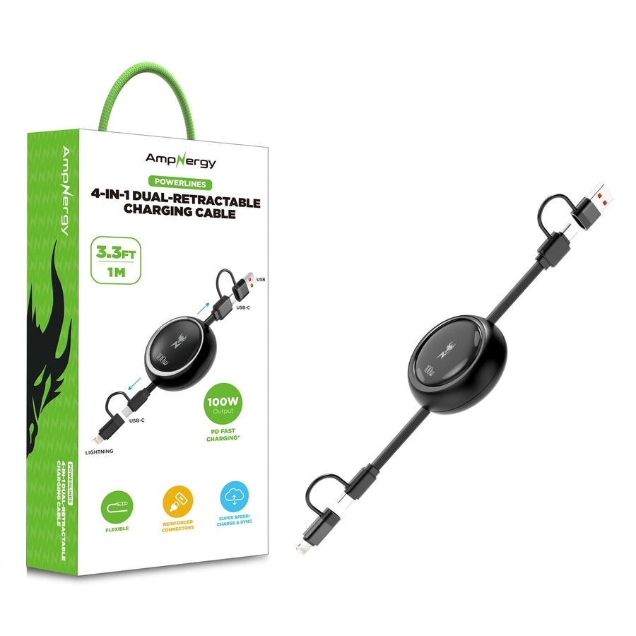 AmpNergy 100W PowerLines 4-in-1 Dual-Retractable Charging Cable - 3FT - Black