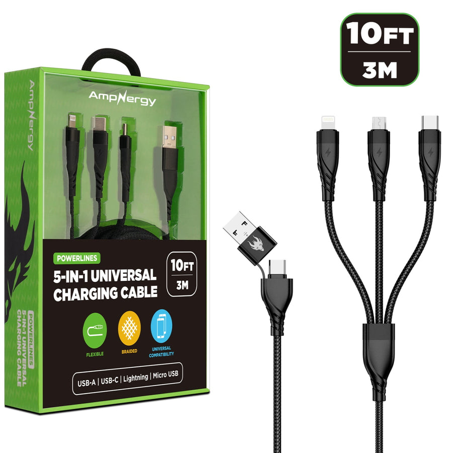 AmpNergy PowerLines 5-in-1 Universal Charging Cable - 10FT - Black
