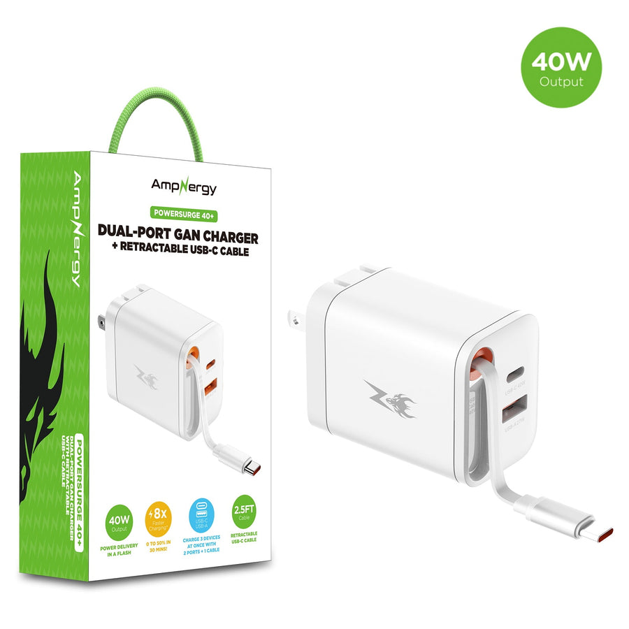 AmpNergy PowerSurge 40W+ Dual-Port GaN Charger with Retractable USB-C Cable - White