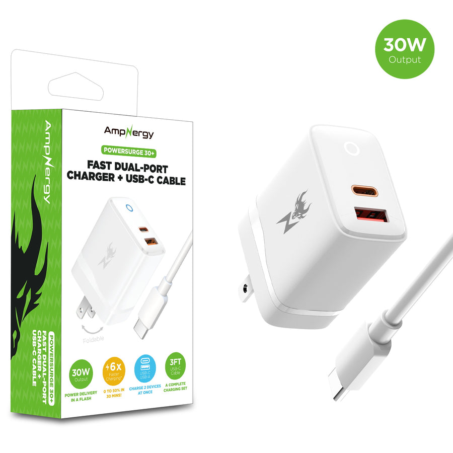 AmpNergy PowerSurge 30W Fast Dual-Port Charger w/ Foldable Plug with USB-C to USB-C Cable - White - ACGTRACCMO08PW-1.jpg
