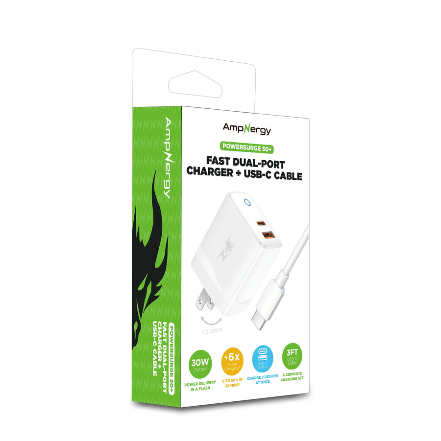 AmpNergy PowerSurge 30W Fast Dual-Port Charger w/ Foldable Plug with USB-C to USB-C Cable - White - ACGTRACCMO08PW-3.jpg