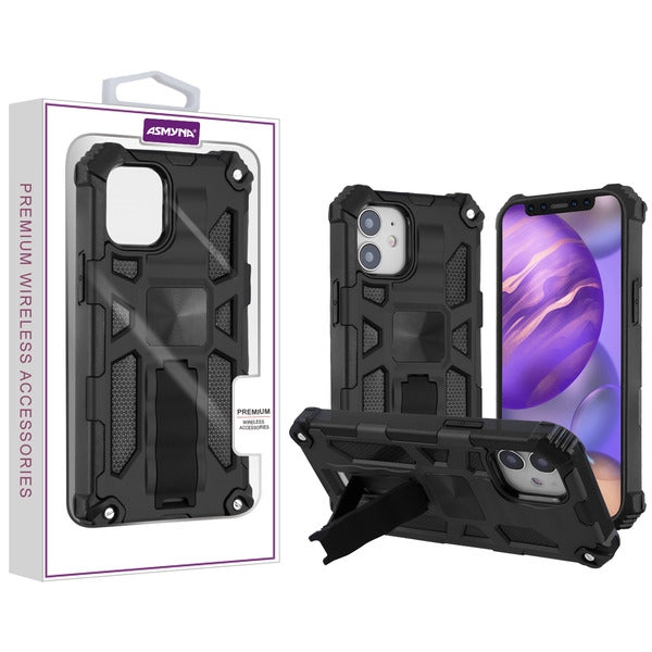 Asmyna Sturdy Hybrid Protector Cover (with Stand) for Apple iPhone 12 mini - Black / Black - AIP12CSFSSS001-1.jpg
