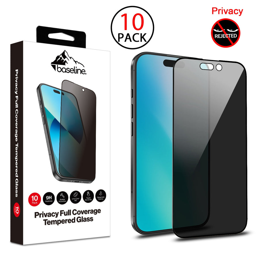 baseline Privacy Full Coverage Tempered Glass Screen Protector (10-pack) for Apple iPhone 16 / 15 / 15 Pro / 14 Pro - Black