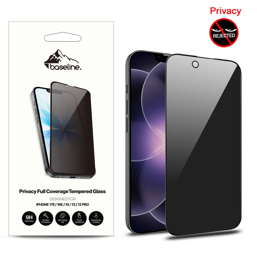 baseline Privacy Full Coverage Tempered Glass Screen Protector for Apple iPhone 17e / 16e / 14 / 13 / 13 Pro - Black