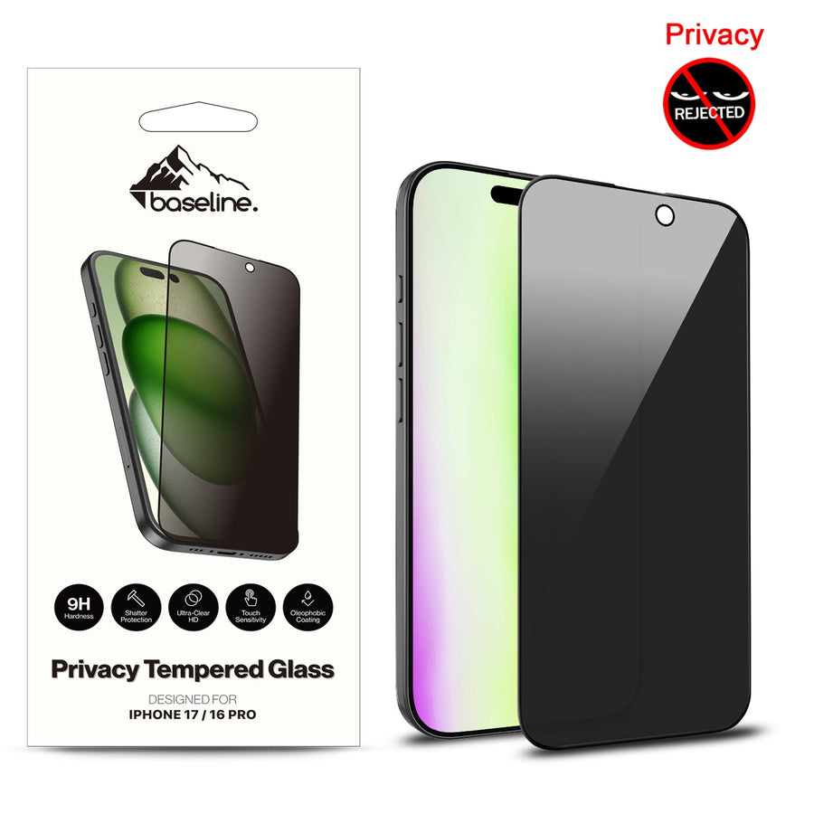 baseline Privacy Full Coverage Tempered Glass Screen Protector for Apple iPhone 17 / 16 Pro - Black