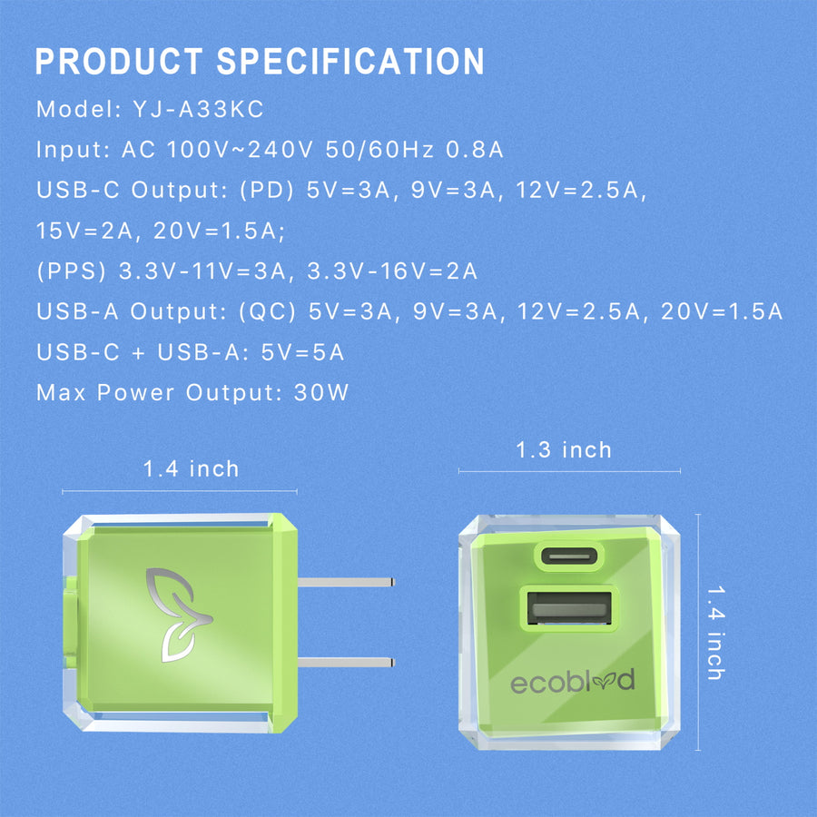 EcoBlvd PowerPlant Dual Port Wall Charger (Power Delivery & QC3.0)(30W) - Green - ECO-PP-30W-GN-10.jpg