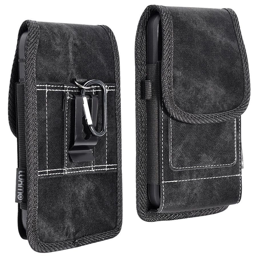 LUXMO Large Horizontal Universal Pouch w/ Dual Card Slots - Black Denim Fabric (Retail Packaging)