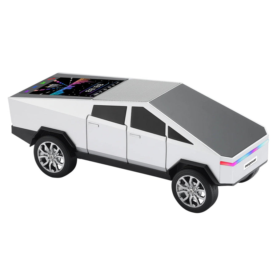 MaxPower Tesla cyber truck style Bluetooth Speaker with front flashing LED Lights and Back Light Up Panel - Silver