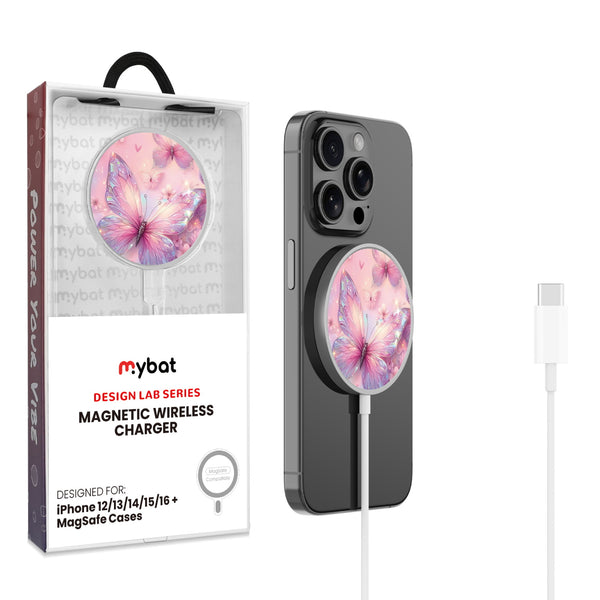 MyBat Design Lab Magnetic Wireless Charger - Silver - Pink Butterflies - MCGWIRC18SL-361-1.jpg