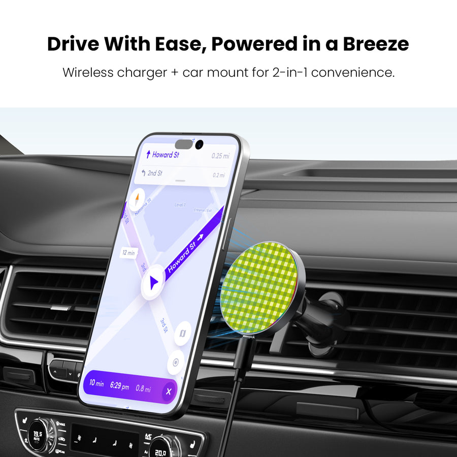 MyBat Design Lab Magnetic Wireless Charging Vent Mount - Black - Green Gingham - MCGWIRC21BK-476-4.jpg