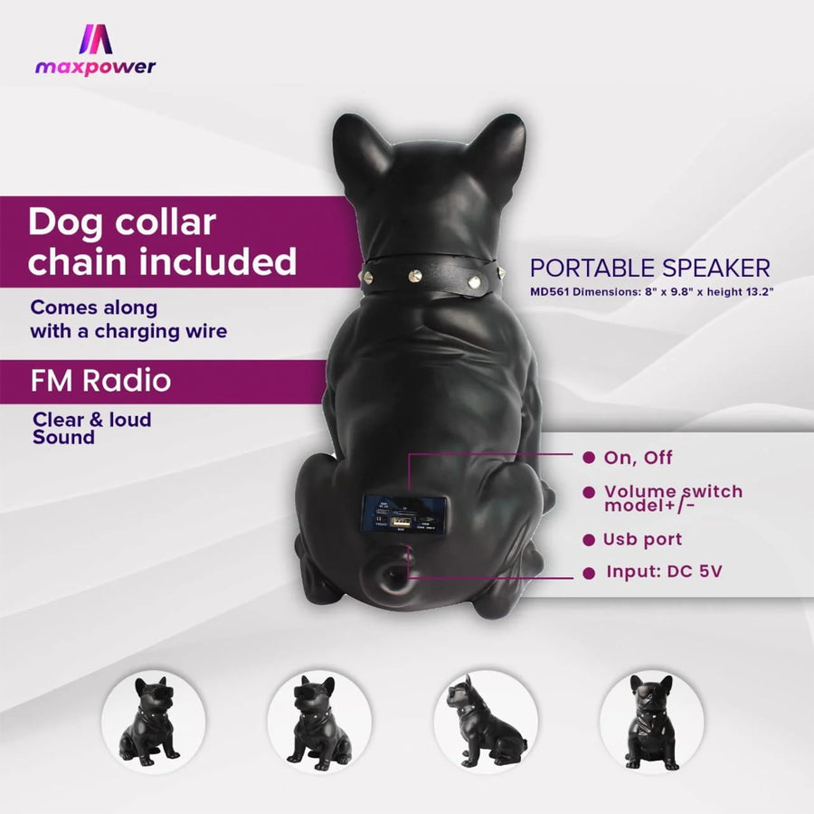 MaxPower Wooof Frenchie Style 13" Tall Dog Speaker With Glasses And Mic - Black - MD561-BK-5.jpg