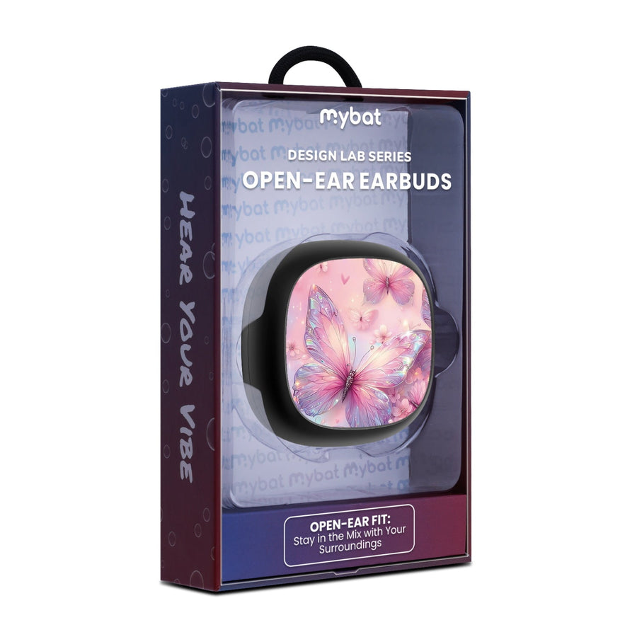 MyBat Design Lab Open-Ear Earbuds - Black - Pink Butterflies