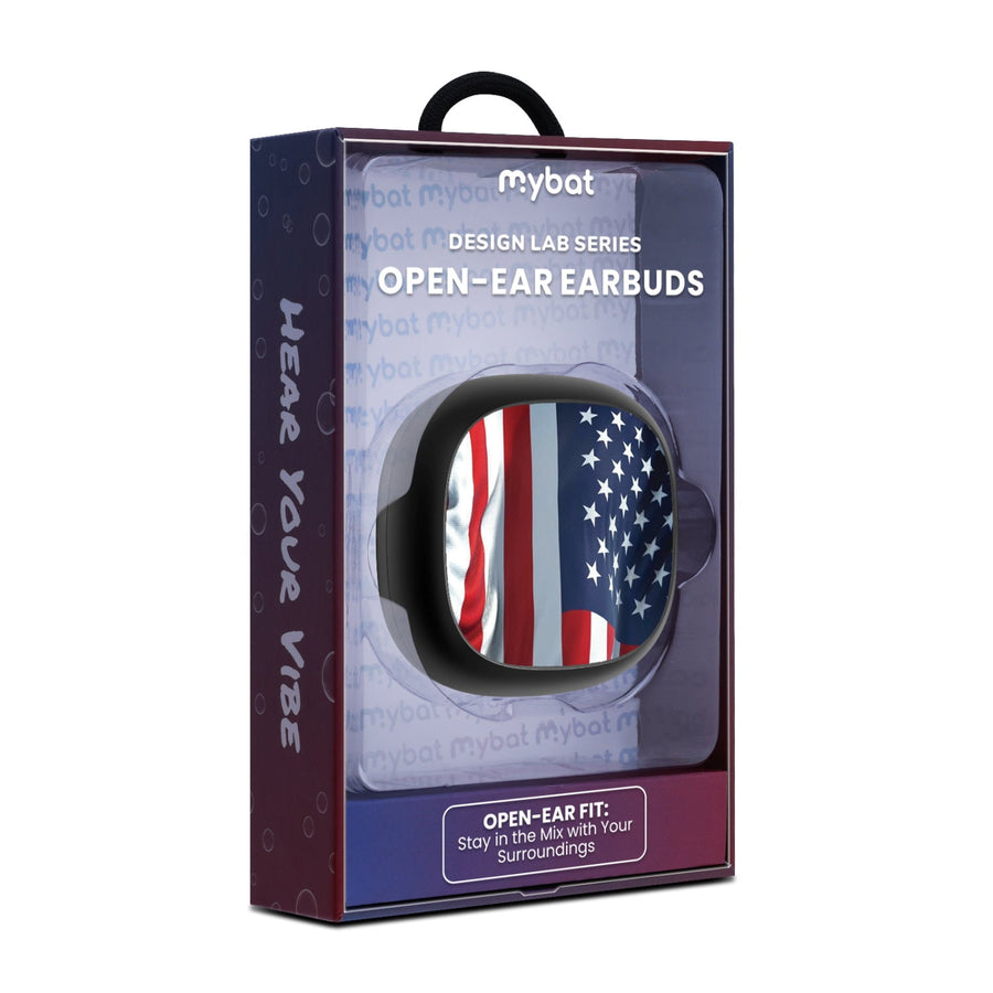 MyBat Design Lab Open-Ear Earbuds - Black - Waving USA FLag