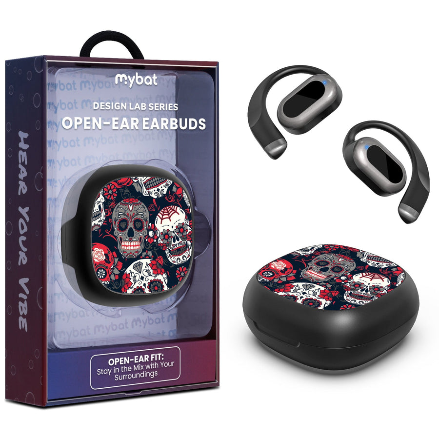 MyBat Design Lab Open-Ear Earbuds - Black - Sugar Rose Skulls