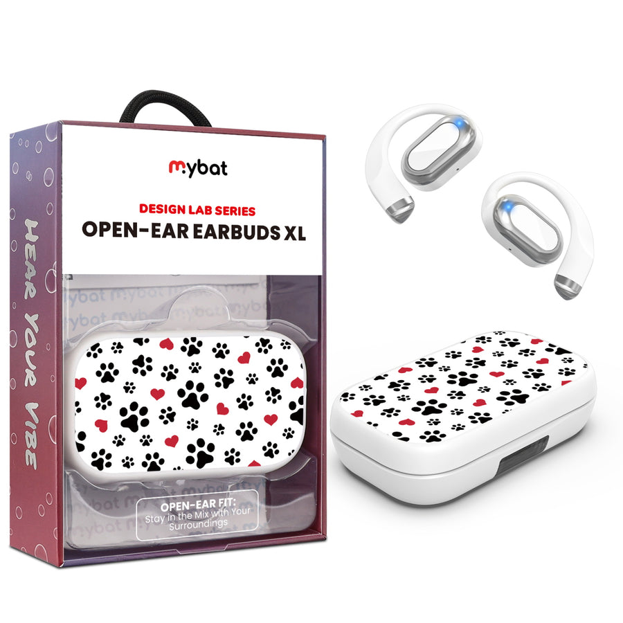 MyBat Design Lab Open-Ear Earbuds XL - White - Paw Prints and Hearts - MFHSBTST272-001-1.jpg