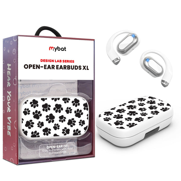 MyBat Design Lab Open-Ear Earbuds XL - White - Black Paw Prints - MFHSBTST272-002-1.jpg