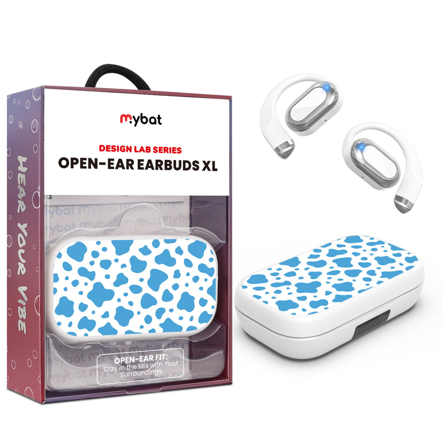 MyBat Design Lab Open-Ear Earbuds XL - White - Blue Cow Print - MFHSBTST272-016-1.jpg