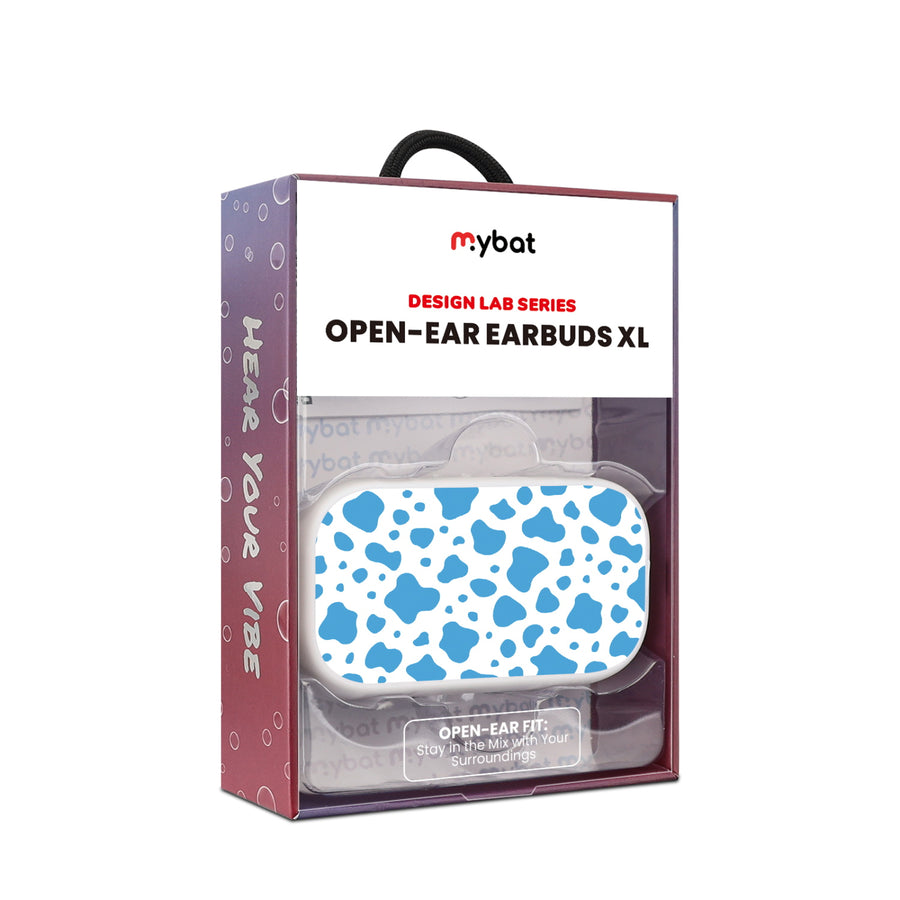 MyBat Design Lab Open-Ear Earbuds XL - White - Blue Cow Print - MFHSBTST272-016-10.jpg