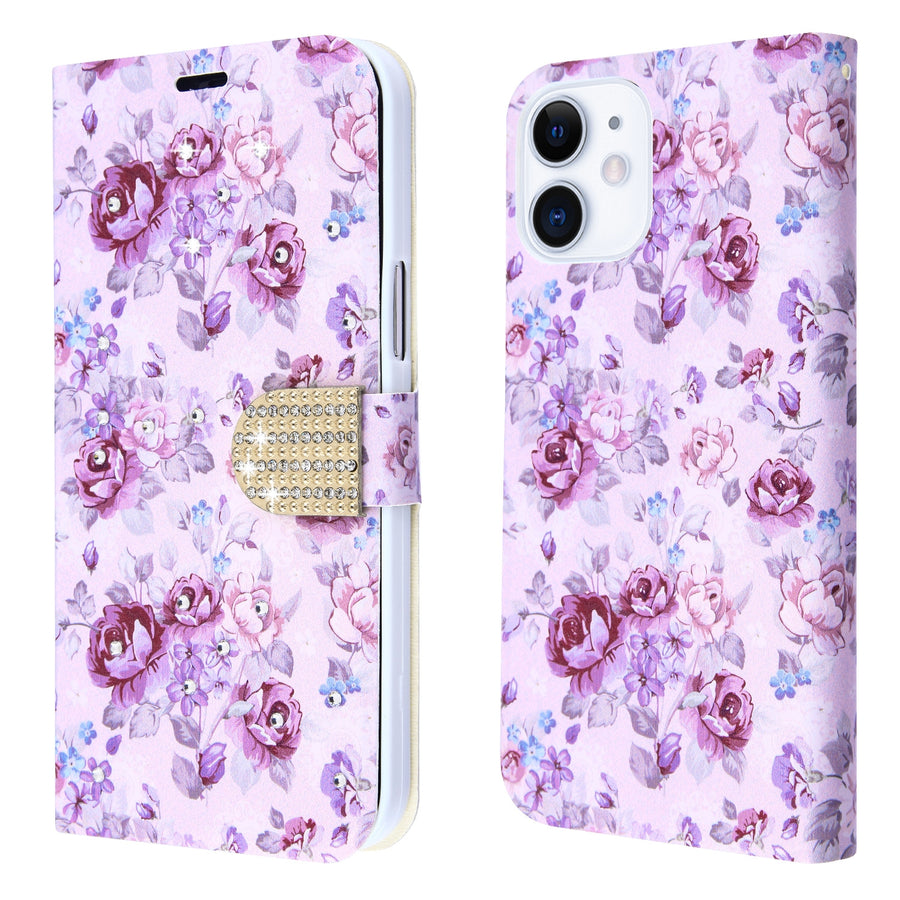 MyBat MyJacket Wallet Diamond Series for Apple iPhone 12 mini - Fresh Purple Flowers - MIP12PCMJD103-6.jpg