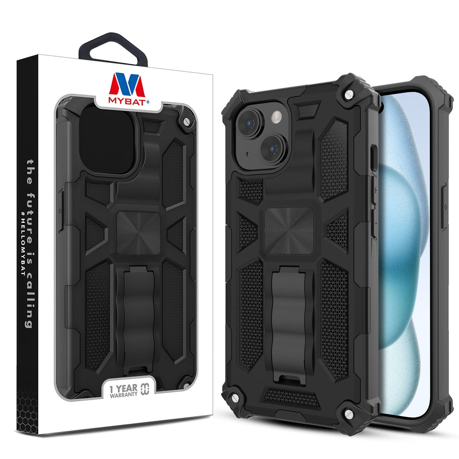 MyBat Sturdy Hybrid Protector Cover (with Stand) for Apple iPhone 15 - Black / Black