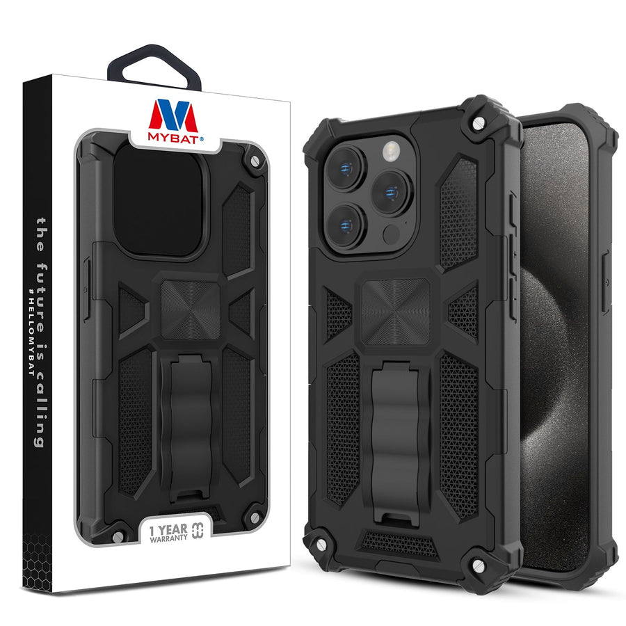 MyBat Sturdy Hybrid Protector Cover (with Stand) for Apple iPhone 15 Pro - Black / Black