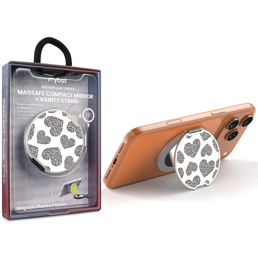 MyBat Design Lab MagSafe Selfie Mirror Kickstand - Silver - Leopard Print Hearts