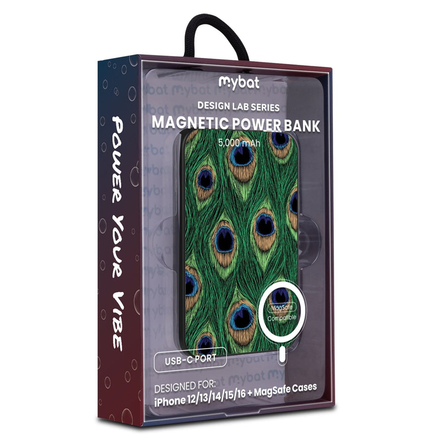 MyBat Design Lab 5000mAh Magnetic Wireless Power Bank - Black - Peacock Feathers