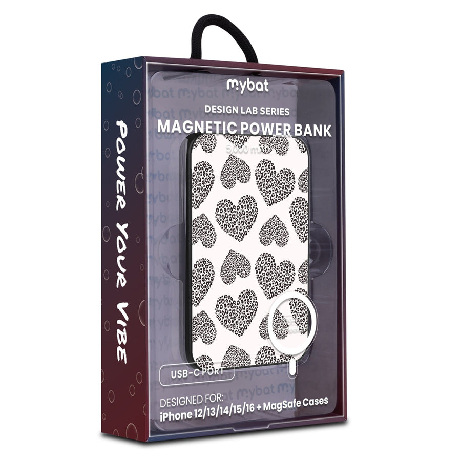 MyBat Design Lab 5000mAh Magnetic Wireless Power Bank - Black - Leopard Print Hearts
