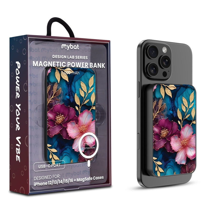 MyBat Design Lab 5000mAh Magnetic Wireless Power Bank - Black - Gilded Petals