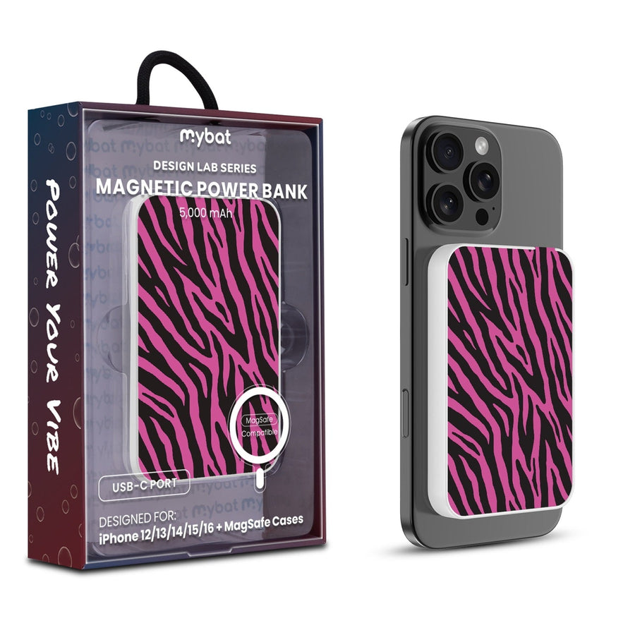 MyBat Design Lab 5000mAh Magnetic Wireless Power Bank - White - Pink Zebra Print