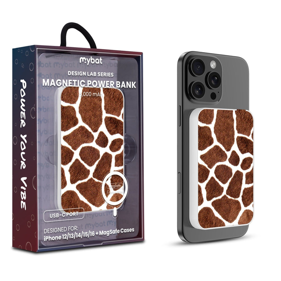 MyBat Design Lab 5000mAh Magnetic Wireless Power Bank - White - Giraffe spots