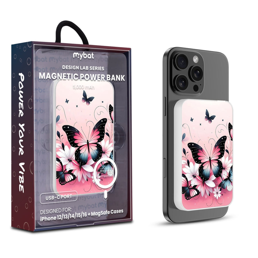 MyBat Design Lab 5000mAh Magnetic Wireless Power Bank - White - Butterfly Bouquet