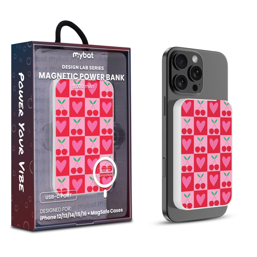 MyBat Design Lab 5000mAh Magnetic Wireless Power Bank - White - Cherry Hearts