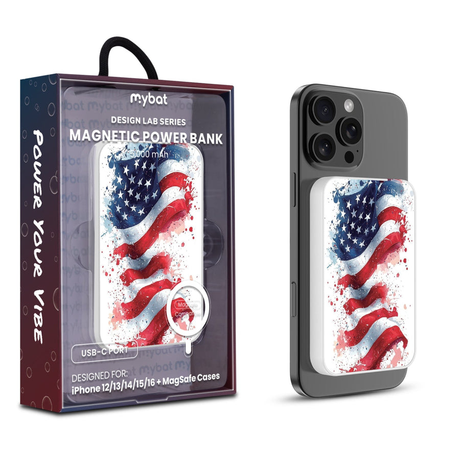 MyBat Design Lab 5000mAh Magnetic Wireless Power Bank - White - Patriotic Flag Painiting