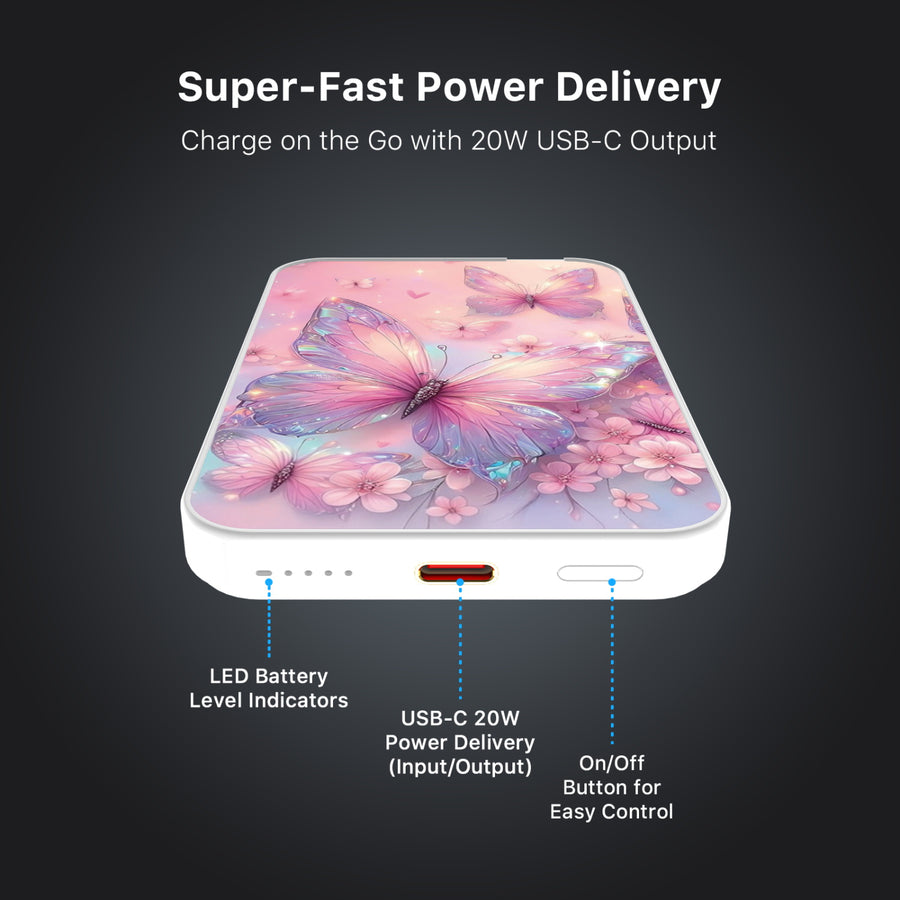 MyBat Design Lab 5000mAh Magnetic Wireless Power Bank - White - Pink Butterflies - MPBBAT132-WH-361-7.jpg