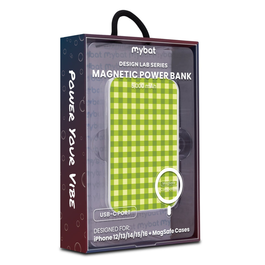 MyBat Design Lab 5000mAh Magnetic Wireless Power Bank - White - Green Gingham