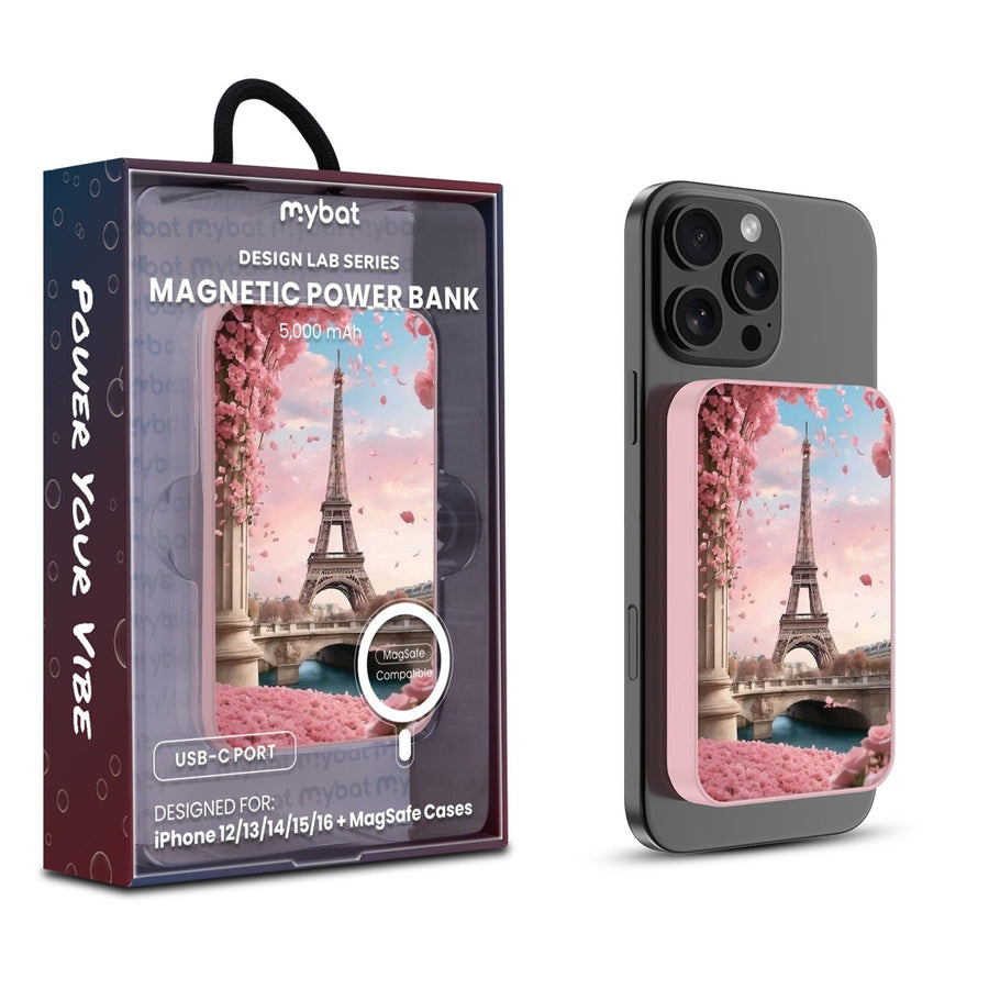 MyBat Design Lab 5000mAh Magnetic Wireless Power Bank - Pink - Paris In Bloom