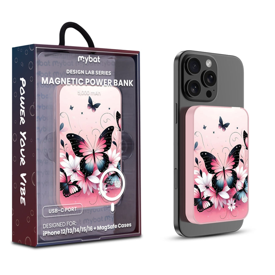 MyBat Design Lab 5000mAh Magnetic Wireless Power Bank - Pink - Butterfly Bouquet