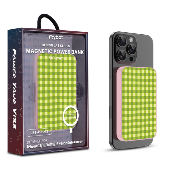 MyBat Design Lab 5000mAh Magnetic Wireless Power Bank - Pink - Green Gingham - MPBBAT133-PK-476-1.jpg