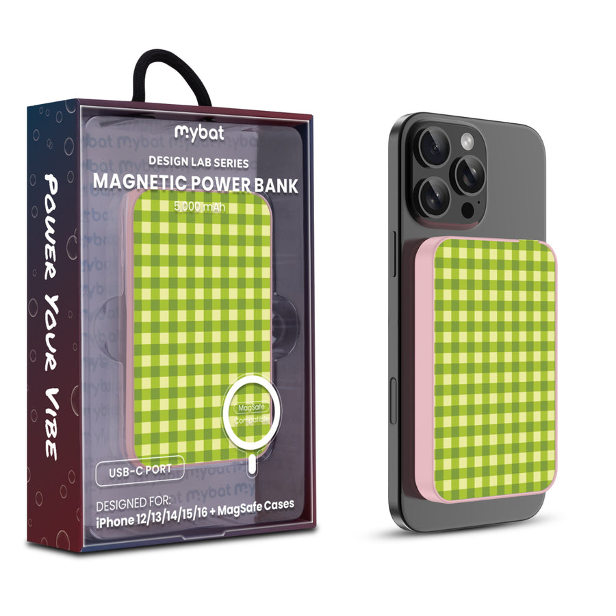 MyBat Design Lab 5000mAh Magnetic Wireless Power Bank - Pink - Green Gingham - MPBBAT133-PK-476-1.jpg