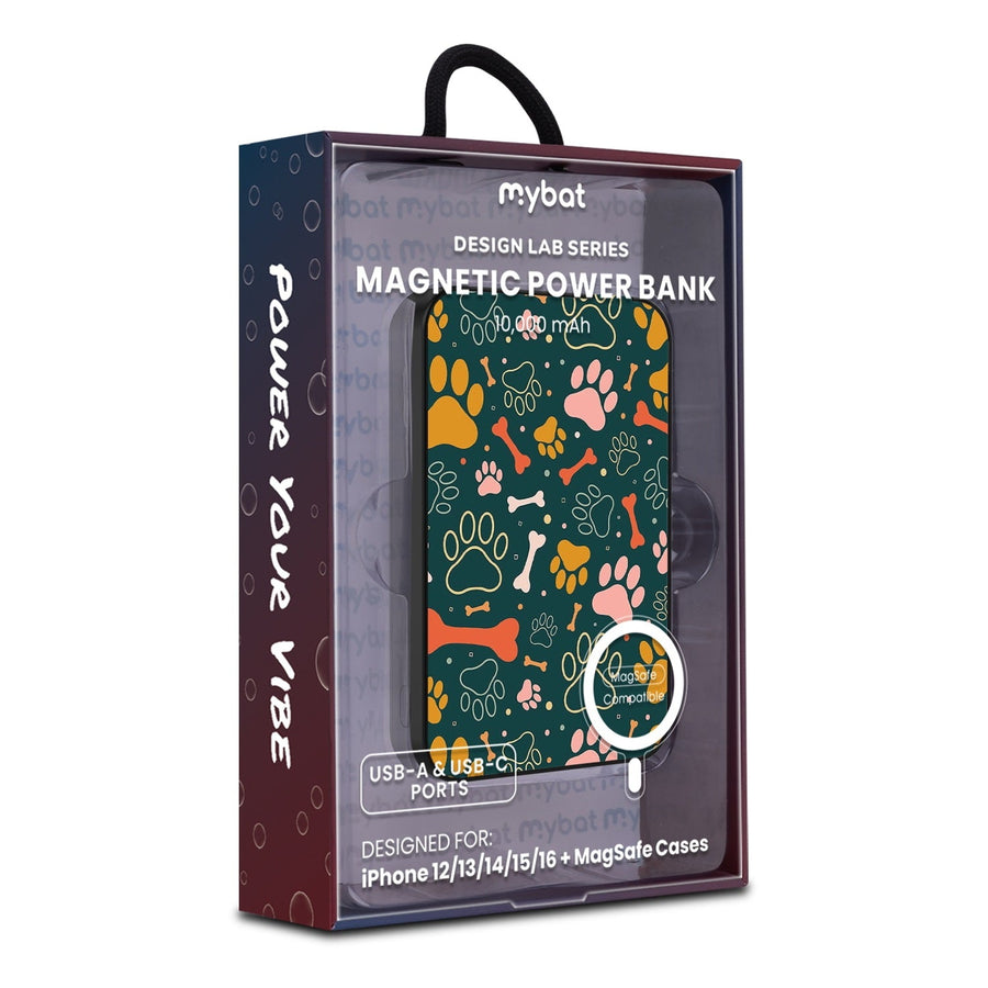 MyBat Design Lab 10000mAh Magnetic Wireless Power Bank - Black - Paw Prints & Bones