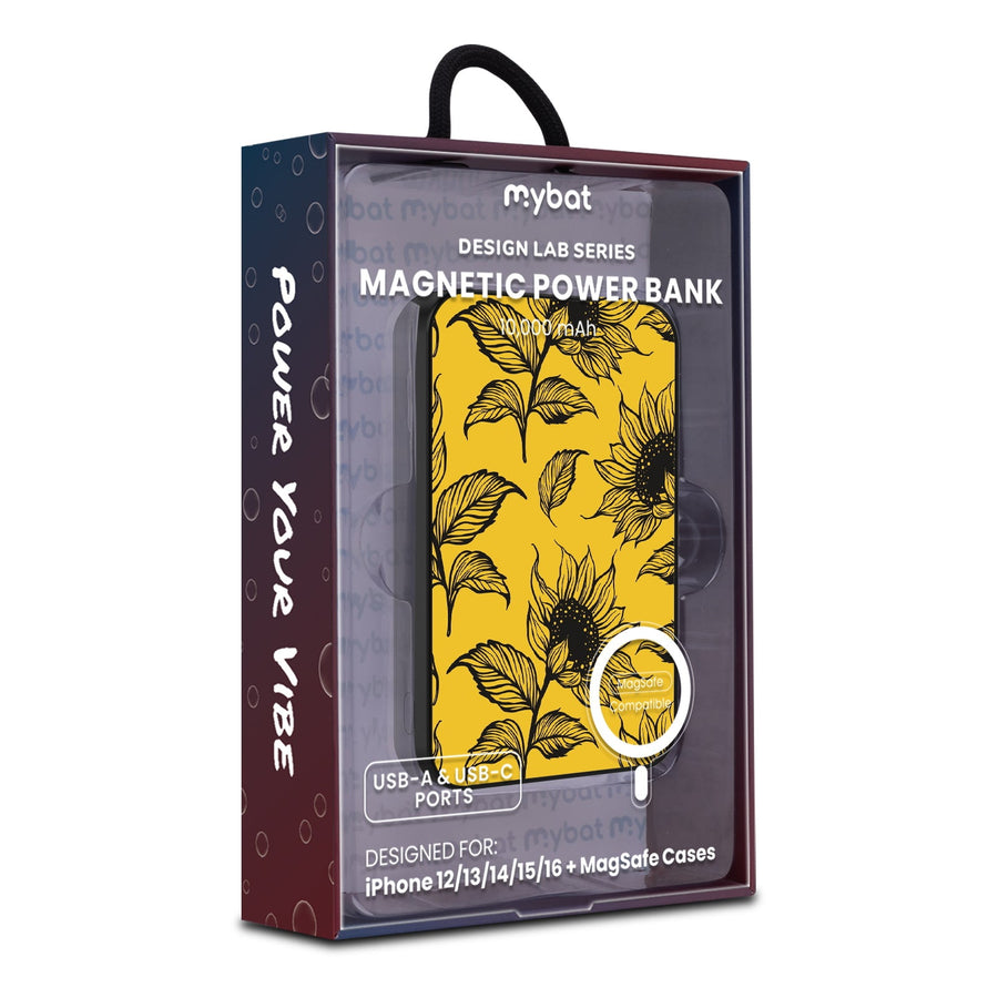 MyBat Design Lab 10000mAh Magnetic Wireless Power Bank - Black - Golden Sunflowers