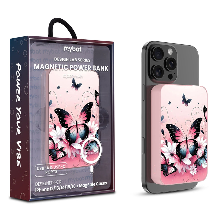 MyBat Design Lab 10000mAh Magnetic Wireless Power Bank - Pink - Butterfly Bouquet