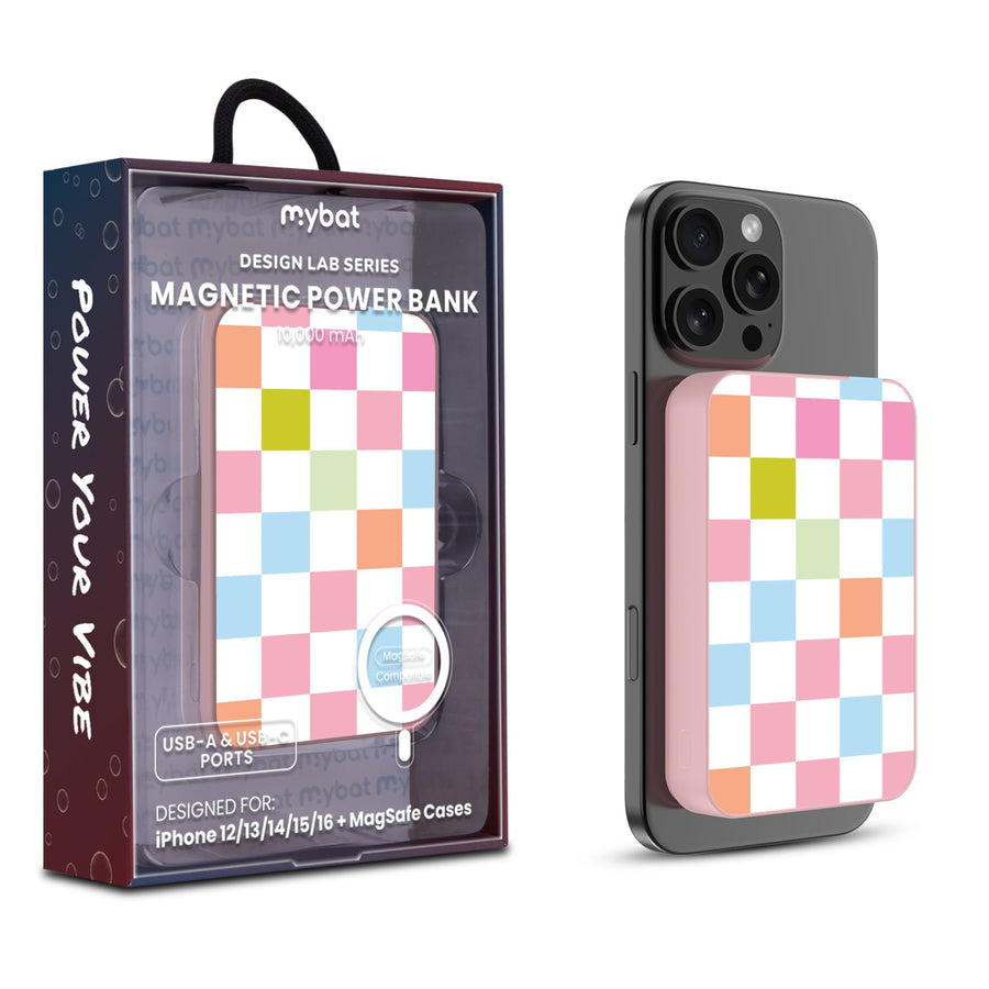 MyBat Design Lab 10000mAh Magnetic Wireless Power Bank - Pink - Pastel Check