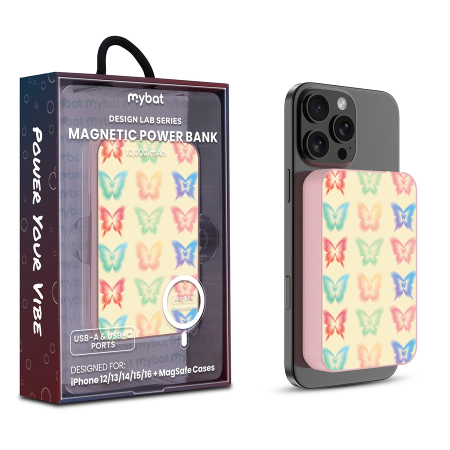 MyBat Design Lab 10000mAh Magnetic Wireless Power Bank - Pink - Technicolor Butterflies