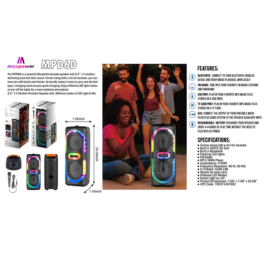 MaxPower MPD6D 6.5" Dual-Woofer Karaoke Speaker with LED Lights + Mic - Black - MPD6D-5.jpg