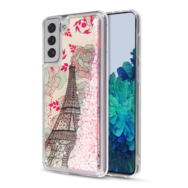 MyBat Quicksand Glitter Hybrid Protector Cover for Samsung Galaxy S21 Plus - Eiffel Tower & Pink Hearts - MSS21PCSGTMM014-2.jpg