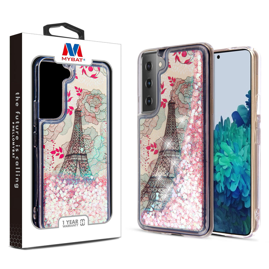 MyBat Quicksand Glitter Hybrid Protector Cover for Samsung Galaxy S22 Plus - Eiffel Tower & Pink Hearts - MSS22PCSGTMM014-1.jpg