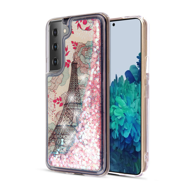 MyBat Quicksand Glitter Hybrid Protector Cover for Samsung Galaxy S22 Plus - Eiffel Tower & Pink Hearts - MSS22PCSGTMM014-2.jpg