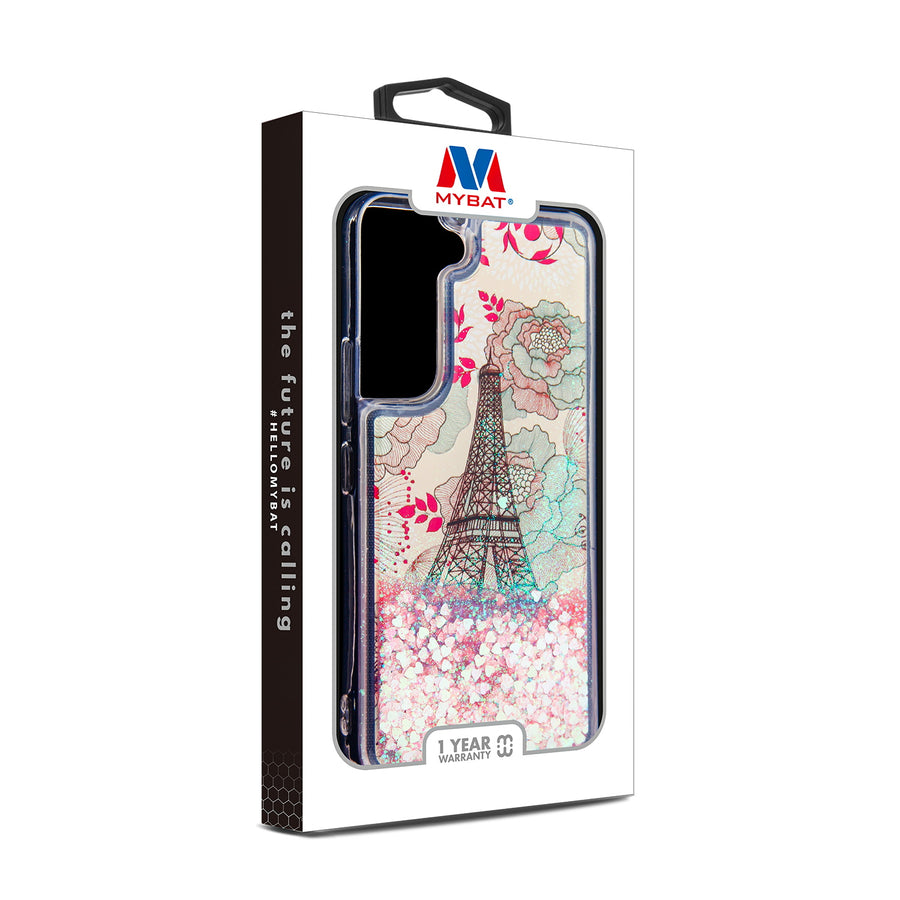 MyBat Quicksand Glitter Hybrid Protector Cover for Samsung Galaxy S22 Plus - Eiffel Tower & Pink Hearts - MSS22PCSGTMM014-3.jpg
